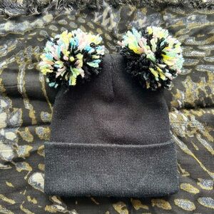 Handmade Woman’s Custom Double Pom-Pom Beanie Hat - Black/Multicolor